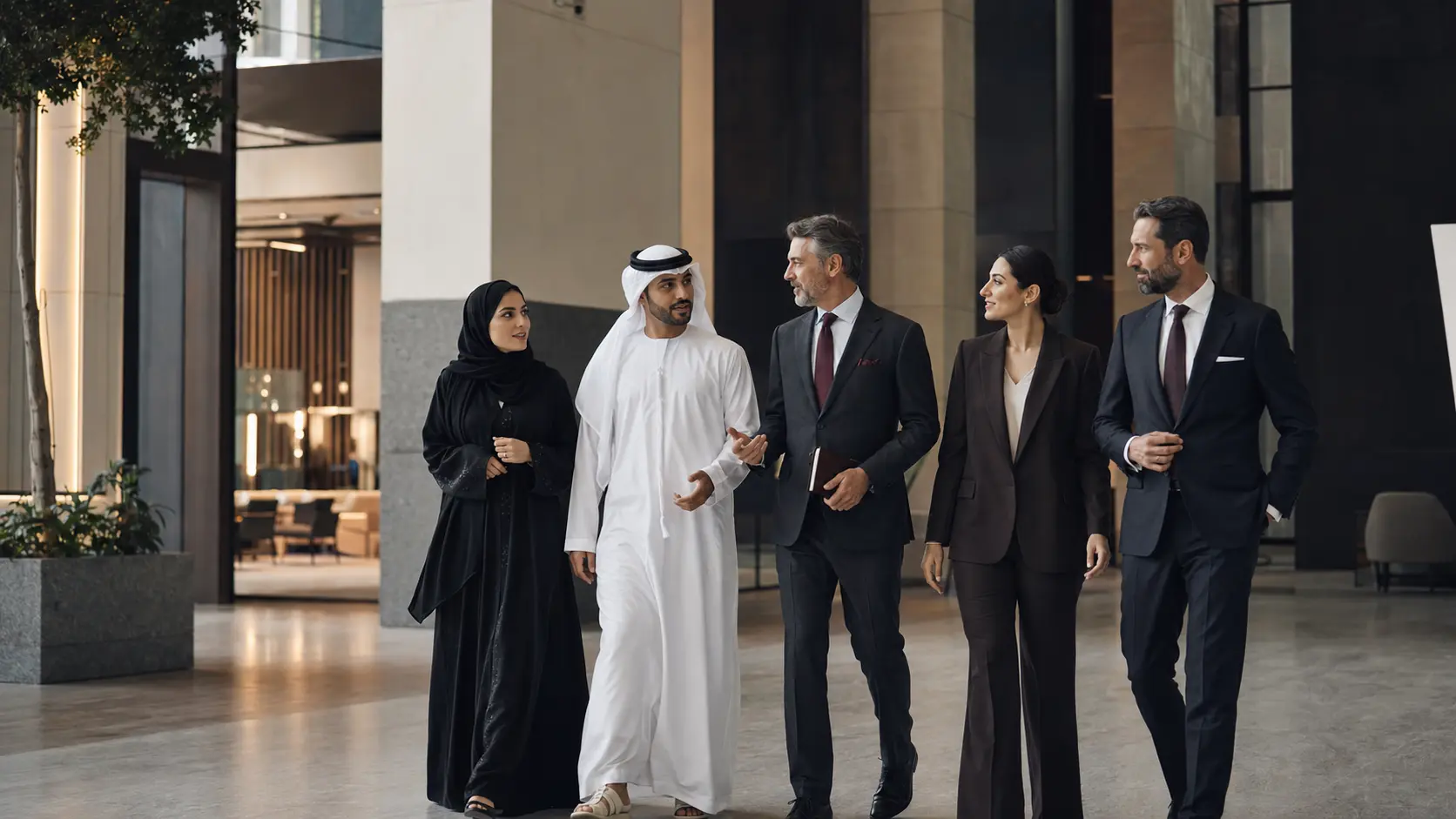 Business leaders walking together in a contemporary UAE office