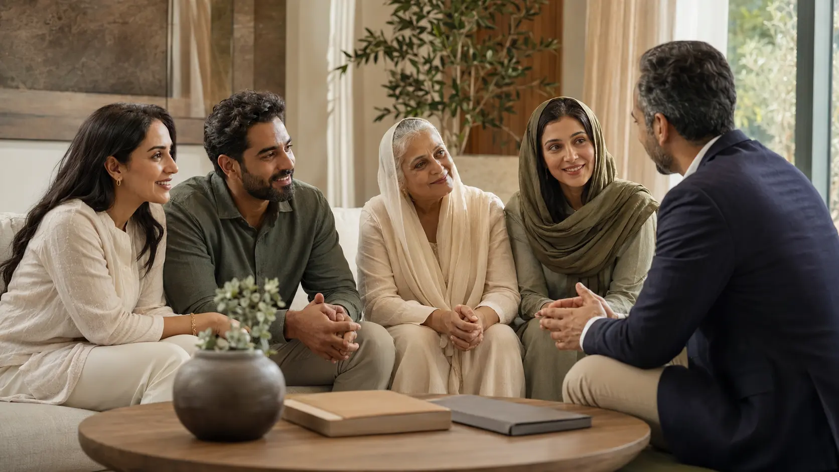 Individuals discussing important life decisions with a trusted adviser