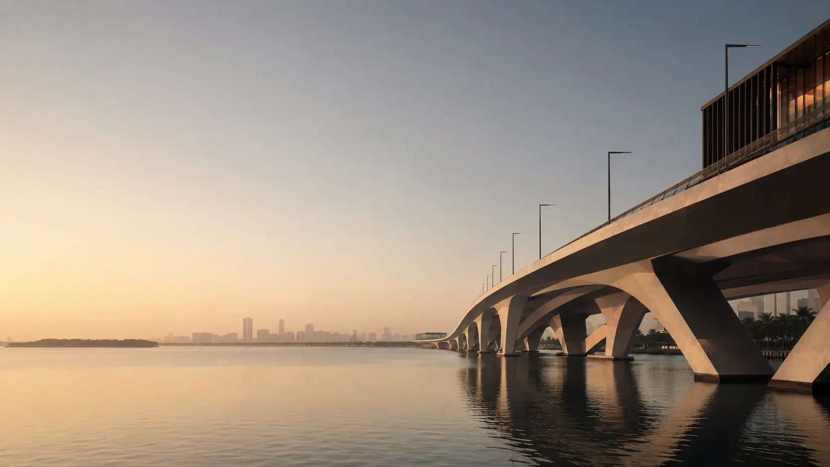 Contemporary bridge over calm water at dawn in the UAE