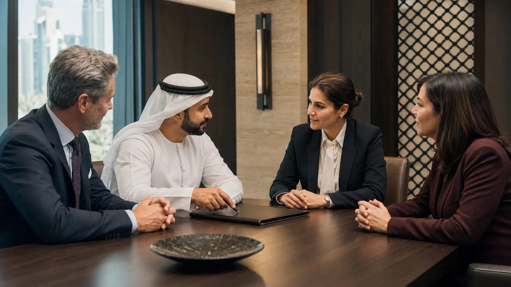 Senior professionals building a strategic partnership in a UAE boardroom